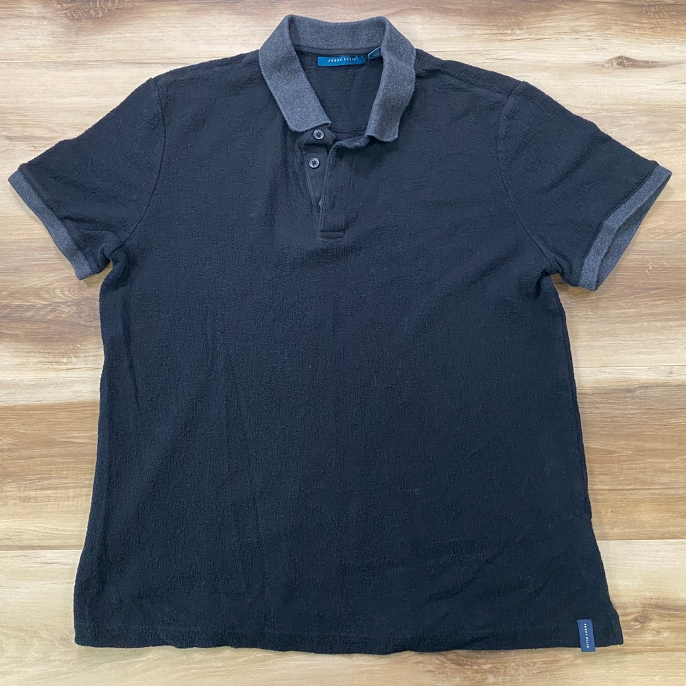 Perry Ellis Polo Shirt Size M Terry Cloth Casual Short Sleeve Black Cotton